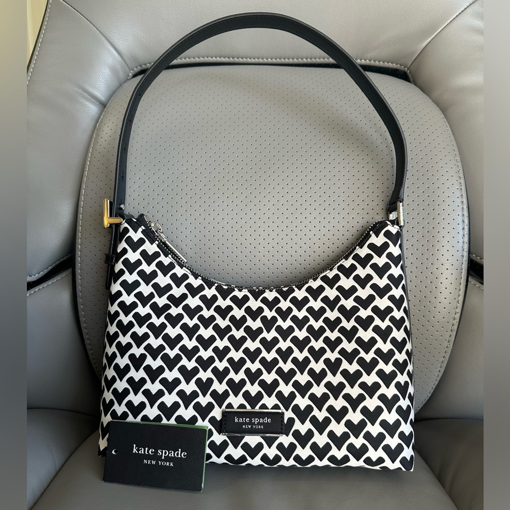 #63. Kate Spade Sam Icon Modernist Hearts Jacquard Shoulder Bag, Cream Black,NWT - Picture 1 of 15